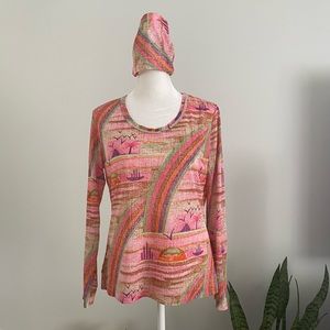 Vintage 60s/70s Saks Fifth Avenue Pink Printed Top & Matching Head Scarf